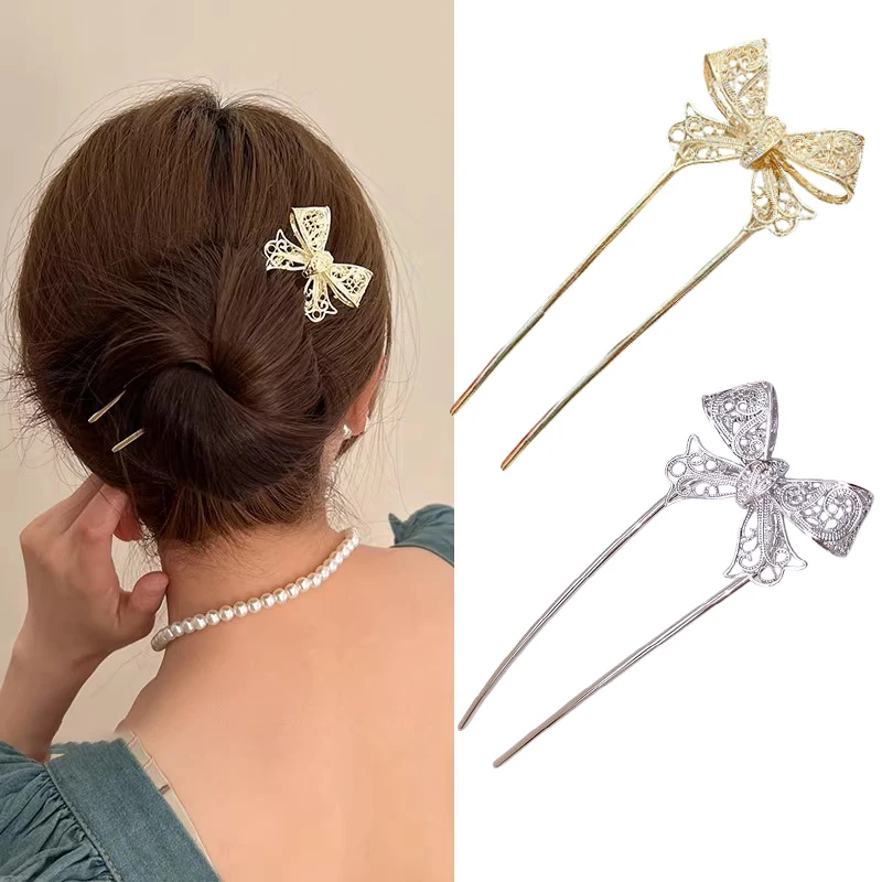Hollow Bow U-Shaped Hair Fork Buns Metal Fashion Hairpin Simple Updo Geometric Headwear Hair Sticks Women Girls Hair Accessories