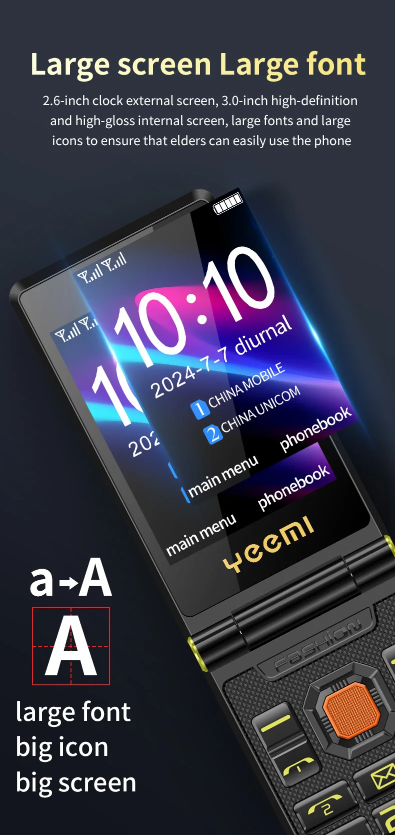 YEEMI M7+ Flip Mobile Phone LTE 4G Double Screen 2300 mAh MP3 MP4 Dual SIM Large Button SOS Quick Dialing Loud Sound CellPhone