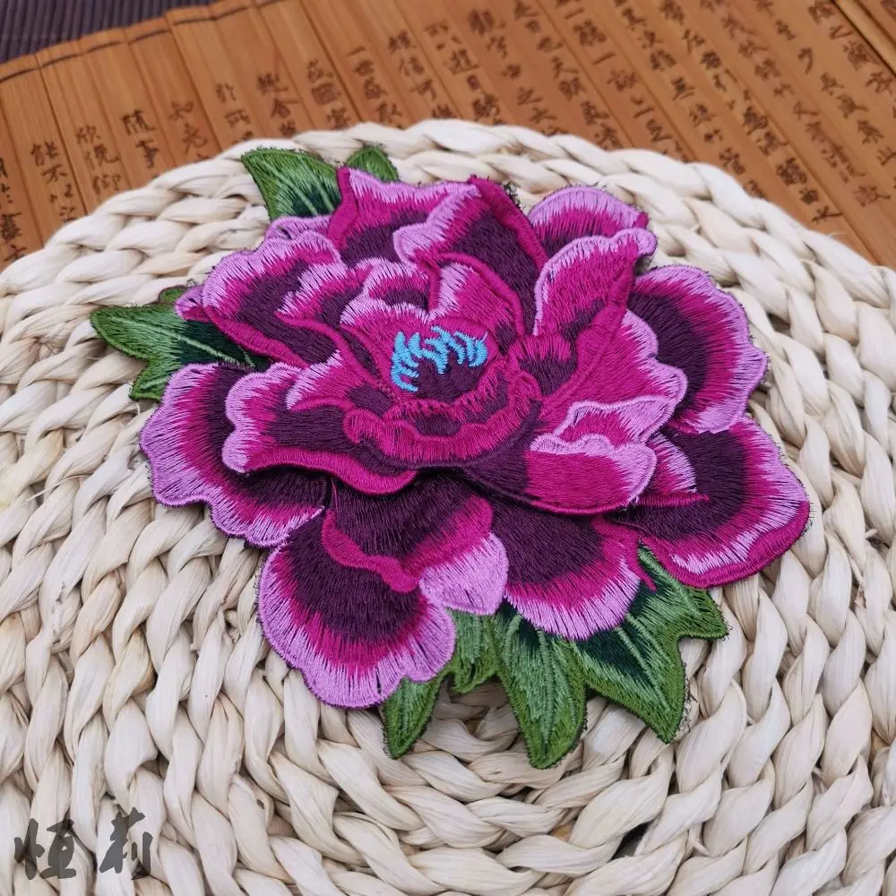 Water Soluble Color Embroidery Patches Ethnic Style Thick Embroidery Floral Applique Peony Flower Three-Dimensional Layered