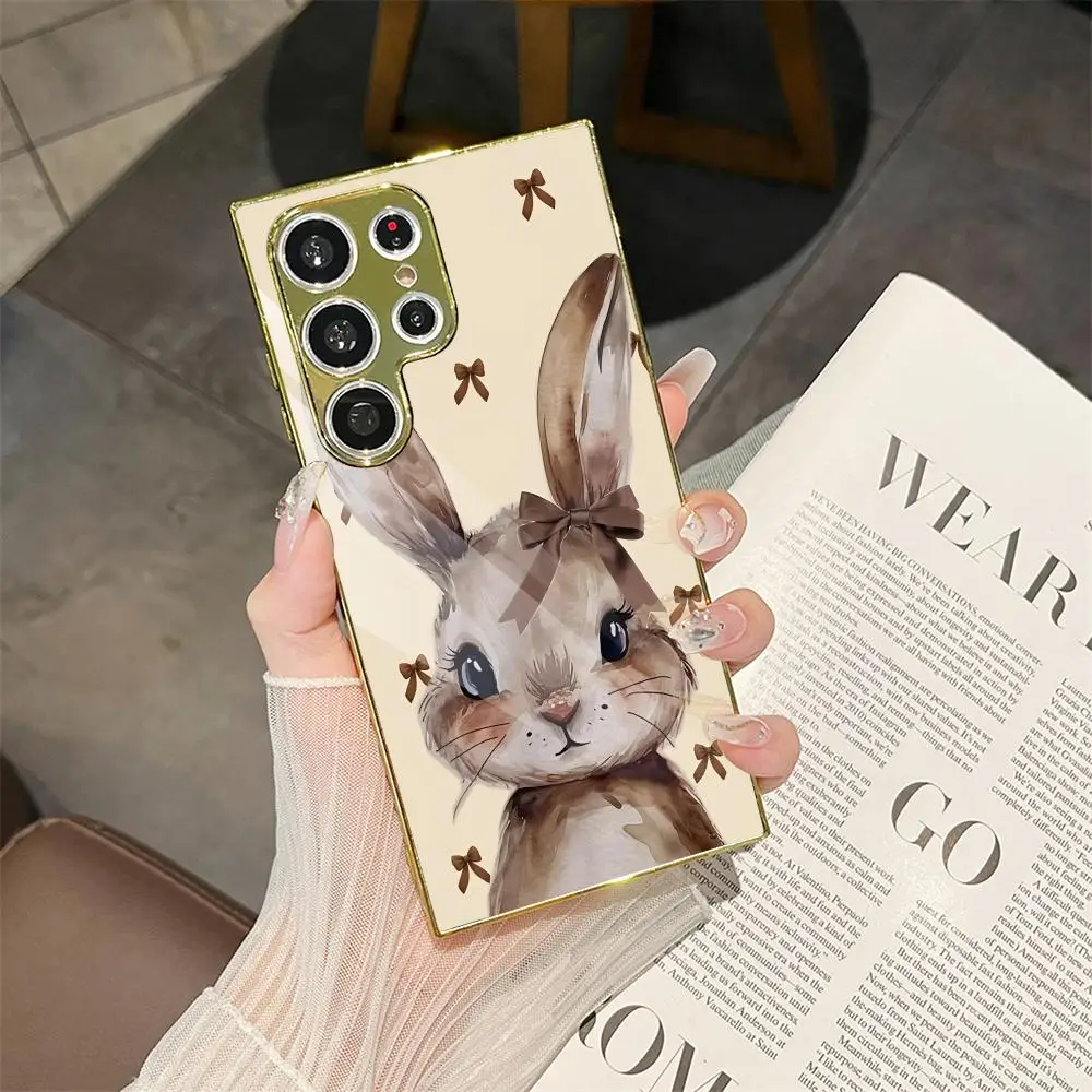 Cute Rabbit Wildflower Girl Ins Phone Case For Samsung Galaxy S25 S24 S23 Ultra Phone Cover Electroplated Metal Frame Case