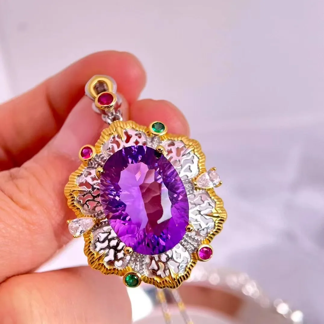 Natural Amethyst Pendant, 925 Silver Two-Tone Finish Vintage Lace Handmade, Crystal Jewelry Gift for Women