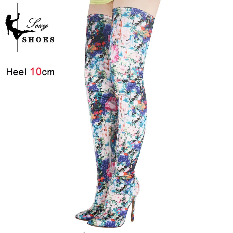 Autumn Women Shoes Over-the-Knee Elastic Sock Boots Side Zip Pointed Toe Ladies High Heels Night Club Novelty Print Thigh Boots