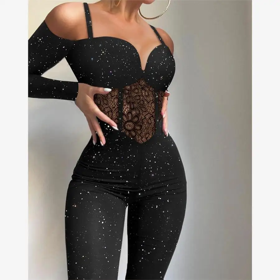 Off-Shoulder Contrast Lace Jumpsuit Hollow out V-Neck High Waist Long Pants Street Style Women's Fashion Spring Collection