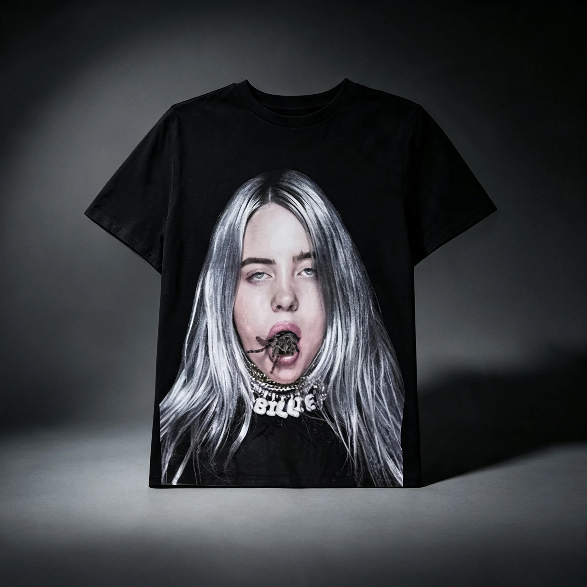 Retro Billie Eilish Spider Portrait T Shirt Dark Aesthetic Concert Fans Casual Oversized Short Comfortable ﻿