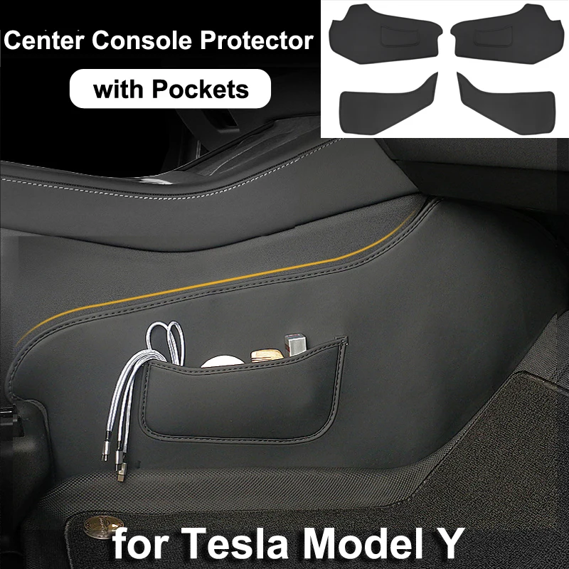 for Tesla Model Y Center Console Side Anti-kick Pad PU Leather Protector Cover with Pocket Rear Seat Back Tailgate Protection