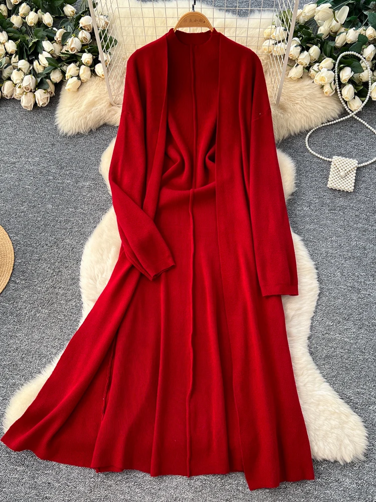 

Длинный вязаный свитер Laid-ba Sle, кардиган, свободный крой, тонкий комплект с внутренней стороны, повседневная осенняя рабочая одежда с высокой талией, модный комплект