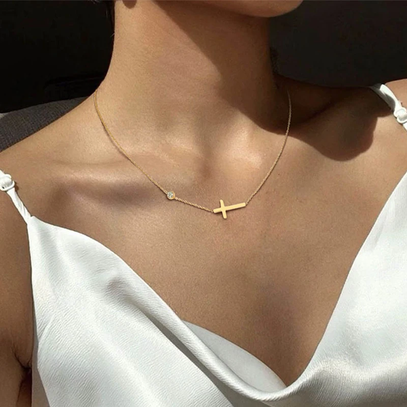 DIEYURO 316L Stainless Steel Simple Cross Charm Necklace Necklace Bracelet For Women New Vintage Lady Jewelry Set Party Gift image 2