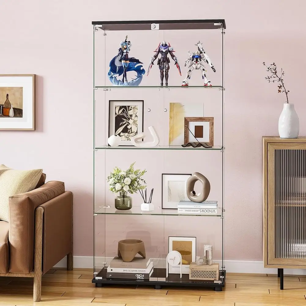 4-Shelf Double Door Lockable Glass Display Cabinet, 5mm Tempered Glass Floor Standing, Suitable for Books or Living Spaces, 64 x