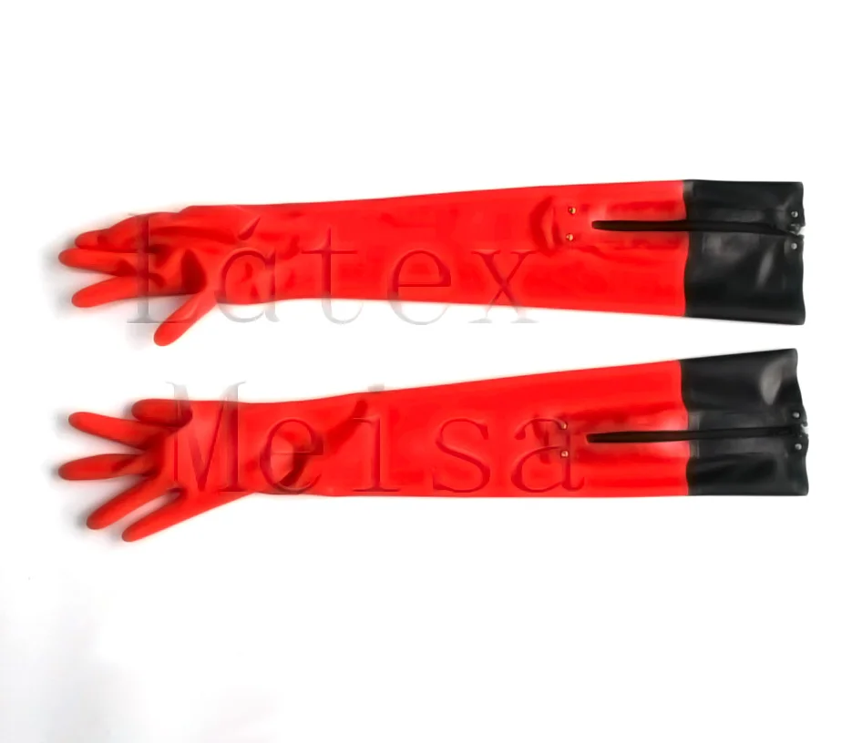 100% natural lingerie long five finger latex  gloves in red color with black trim color attached zipper