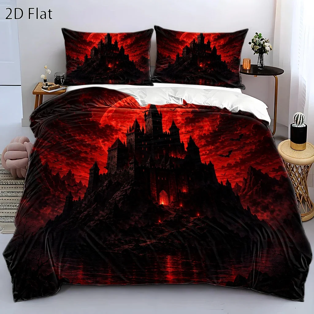 3Pc Gothic Dark Castle Red Moon Theme Duvet Cover Set, Three-Piece Bedding Set (1 Duvet Cover + 2 Pillowcases), Suitable for All Seasons, Machine Washable, Invisible Zipper Design, Large Double Bed Cover Set, Suitable for Home, Dormitory, Master Bedroom, Guest Room, Halloween Vampire Style Bedding, Dark Style Bedroom Decor Bedding, Hot-Selling Three-Piece Bedding Set, Vintage Castle Print Duvet Cover