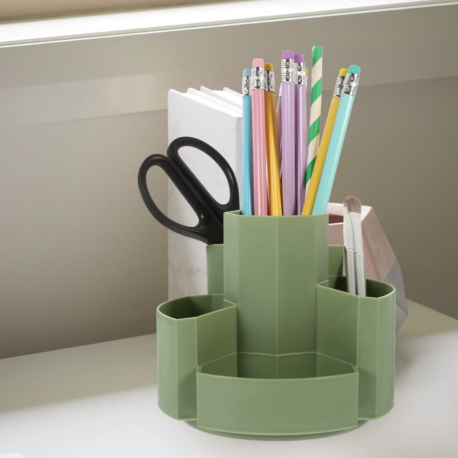 Compartment Desktop Stationary Organizer Decorative Rotating Brush Holder