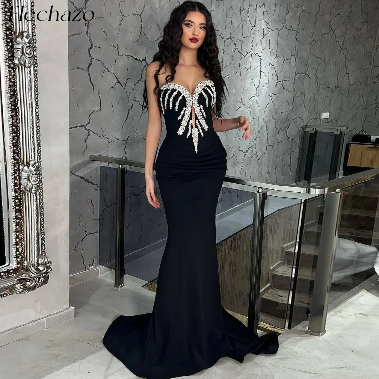 

Flechazo Black Evening Dresses Sweetheart Beading Sleeveless Mermaid Formal Occasion Dress For Women 2024 vestidos de fiesta