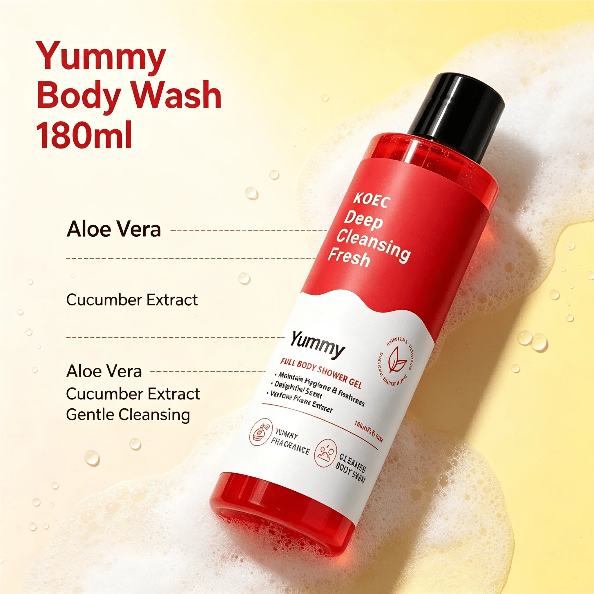 Yummy Gentle Body Wash with Soothing Aloe & Nourishing Oil Blend, Light Texture Quick-Rinse Shower Cleanser Without Sticky Residue, Daily Body Skin Care, Authentic Korean Bath Product, Thoughtful Gift for Ladies, 180ml