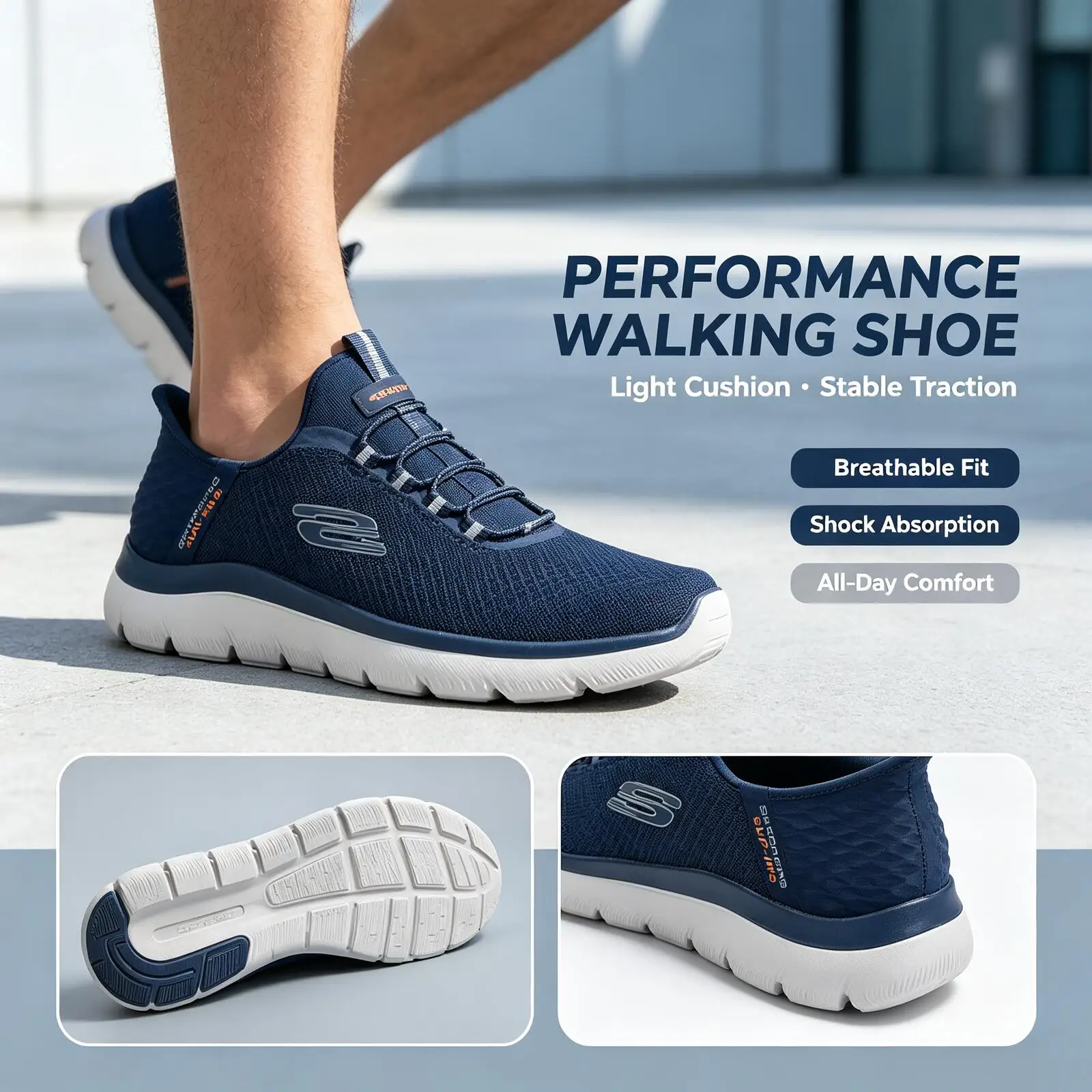 Skechers Navy White Lightweight Running Shoes Breathable Mesh Athletic Sneakers Cushioned Non-Slip Walking Shoes for Men Women