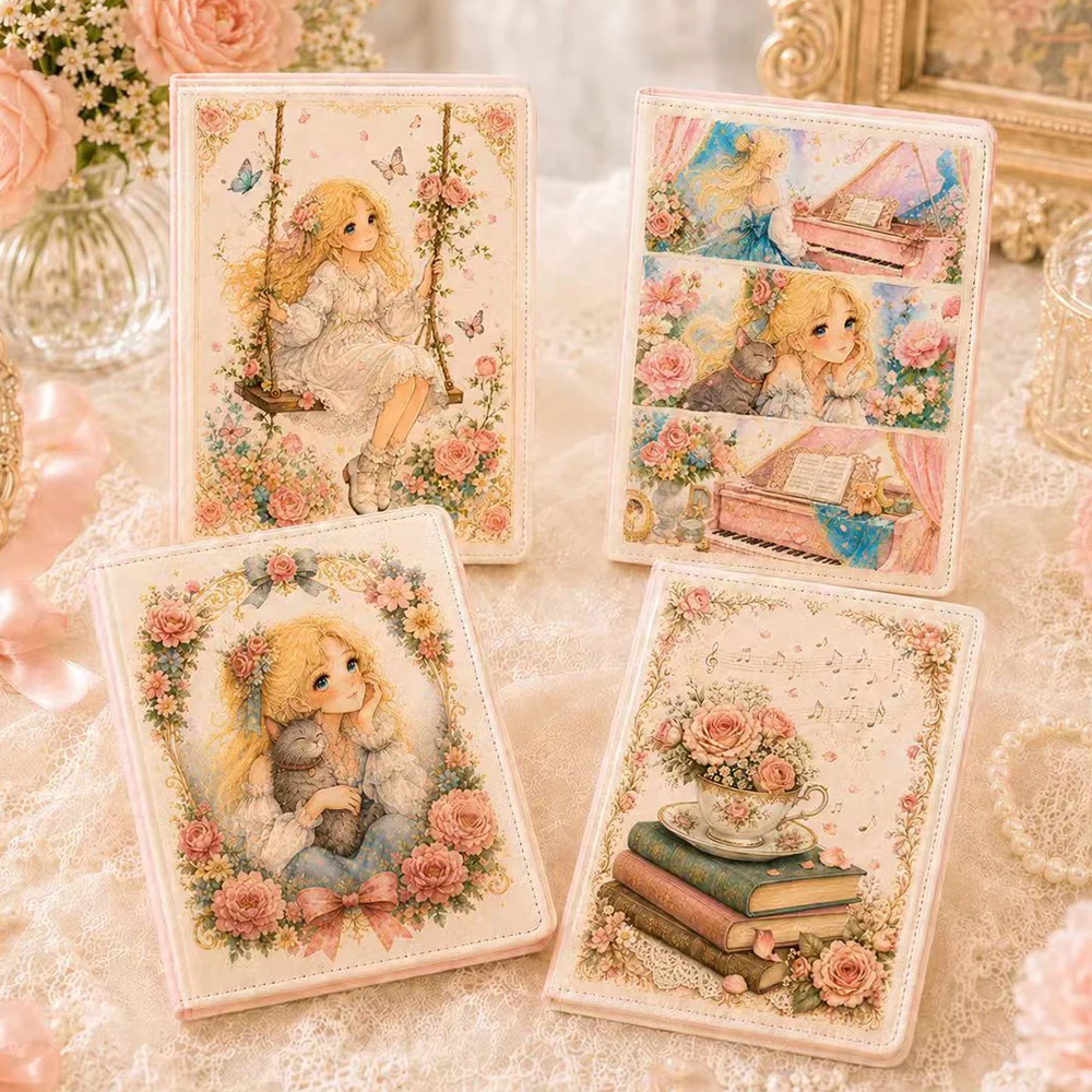 Retro Girl PU Leather Notebook with Color Illustration inside Page - Fashionable Diary Or Notepad for Girls
