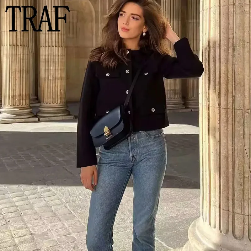 TRAF Cropped Black Jacket Women Vintage Tweed Jacket Woman Fashion Autumn Elegant Womens Jackets 2023 Button Long Sleeve Coat