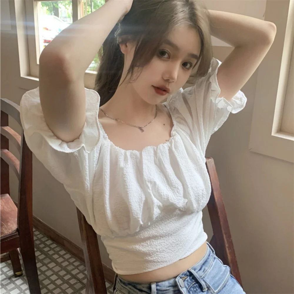 

White Puff Sleeve Shirt Women Summer French Design Sweet Ladies Back Lace Up Shirt Sexy Girl Short Sleeve Square Collar Blouses