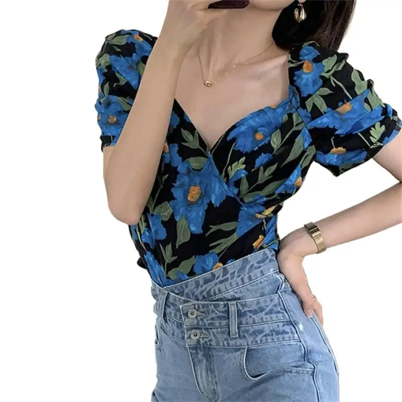 

Cotton Cute Shirts Women V-Neck Summer Floral Print Puff Sleeve Crop Tops Pretty Vintage Clothing Elegant Chic Blouses blusas