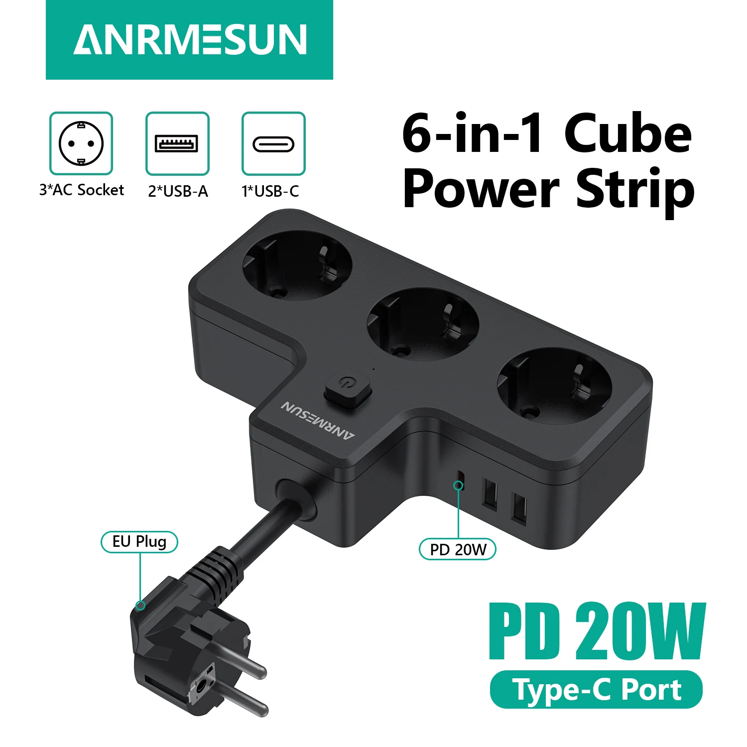 Regleta de pared con enchufe europeo con 3 tomas de corriente de CA, 2 puertos de punto de carga USB 1C, adaptador de corriente de 16A 250V, adecuado para viajes en casa