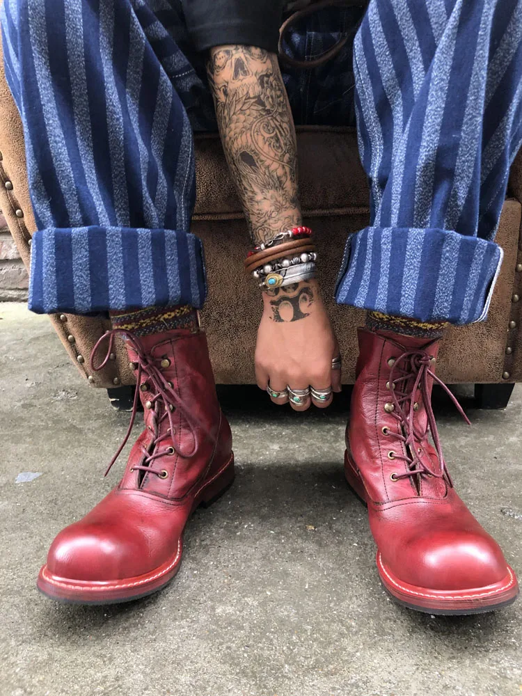 Retro wysokie cięcie krowa prawdziwej skóry duża główka męskie buty botki