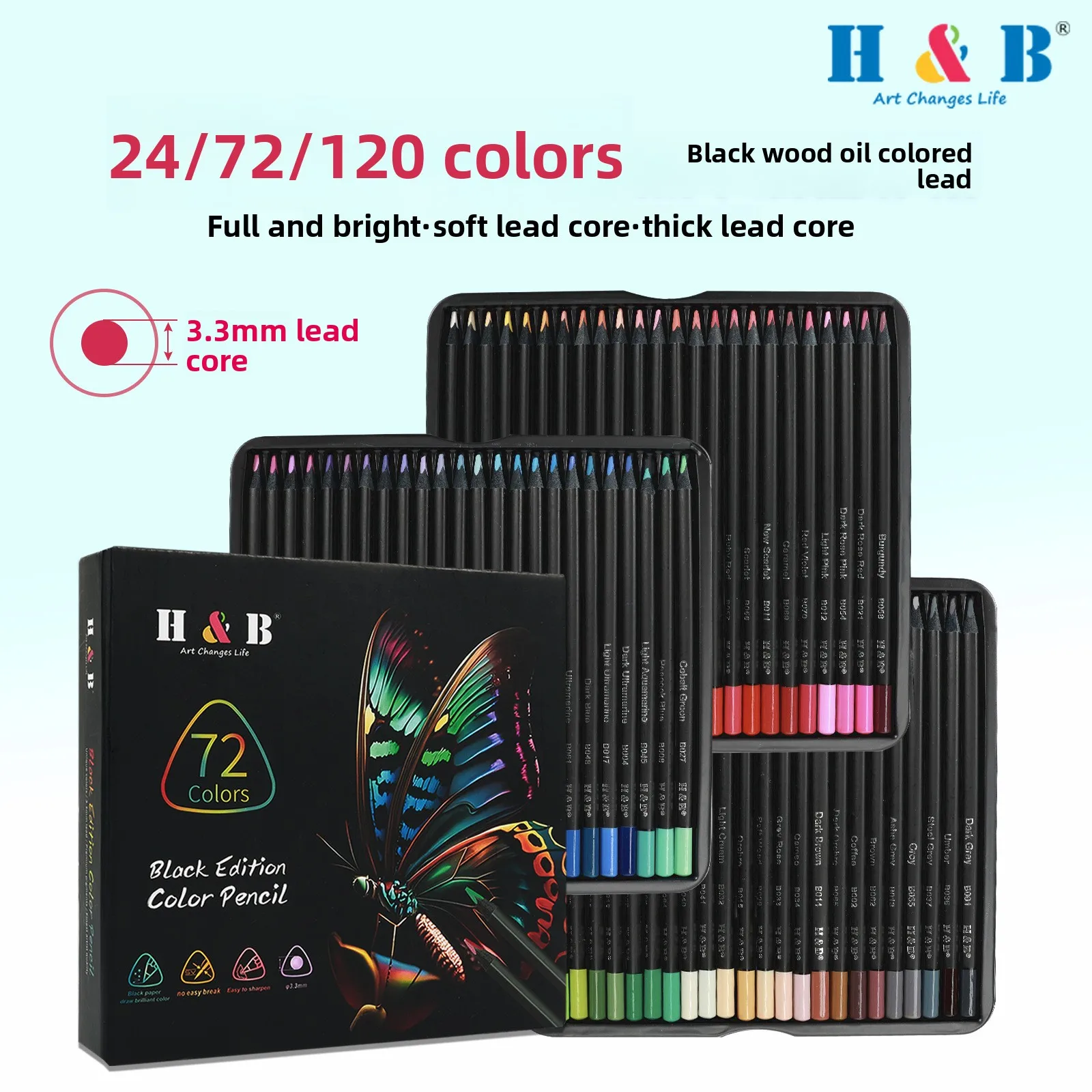 72 and 120 Color Oil Based Black Wood Colored Pencil Set in Tin Box, Triangular Barrel Artist Pencils for Coloring, Shading and