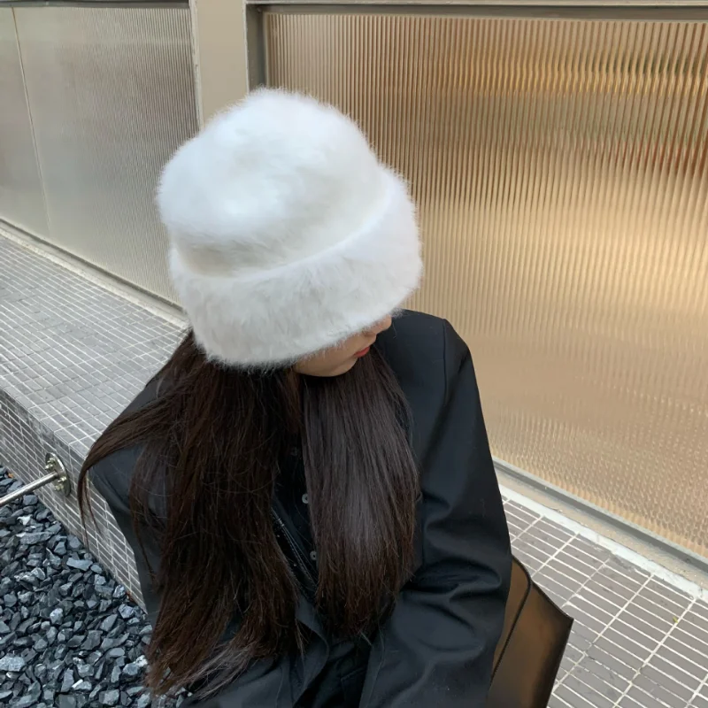 2023 neue Mode Kaninchen Fell Y2k Mützen für Frauen Weiche Warme Flauschigen Angola Winter Hut Weibliche Winddicht Motorhaube Hut Skullies Kappe – Detail 9