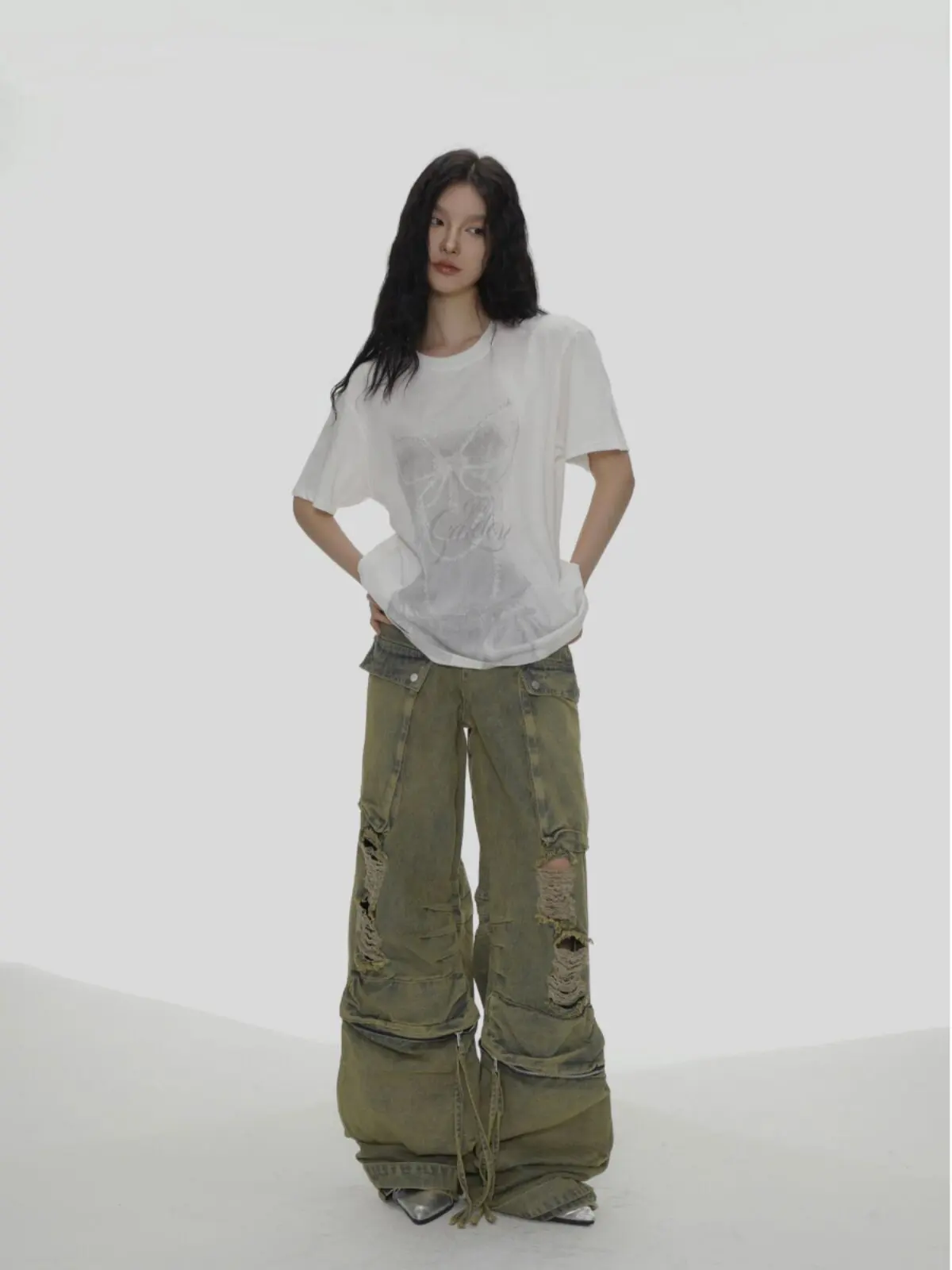 

[Designer model] American high street crew neck short-sleeved T-shirt women's spring and summer loose lazy casual three-quarter