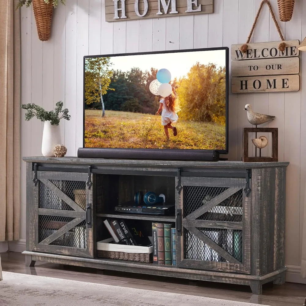 

OKD Farmhouse TV Stand for 75 Inch TV, Industrial & Farmhouse Media Entertainment Center w/Sliding Barn Door, Rustic TV