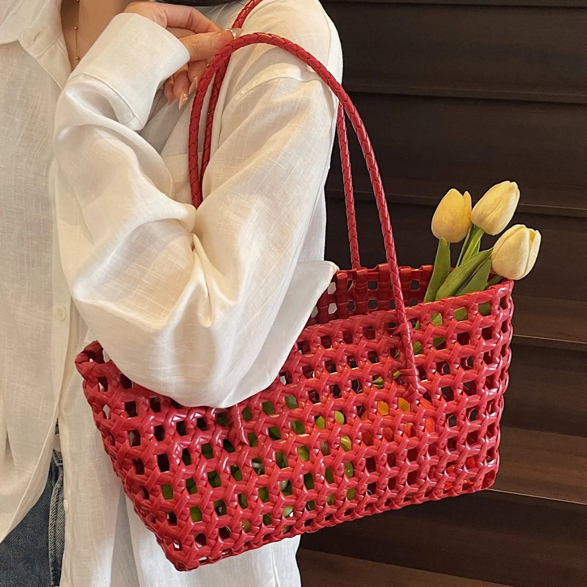 

Summer Candy Color Hollow Out Woven Plastic Small Tote Bag with Drawstring Inner Casual Vacation Style Beach Shoulder Bag