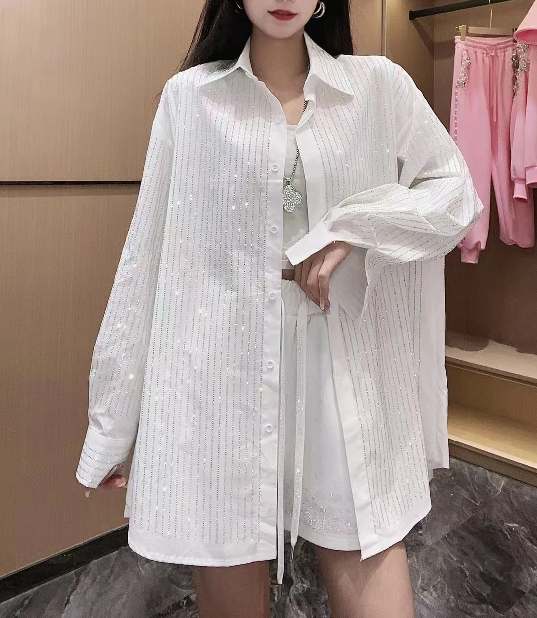 Luxury Style Sparking Diamonds Shirts and Blouses For Women Spring 2024 Single Breasted Pink Loose Mid-length Tops Blusas