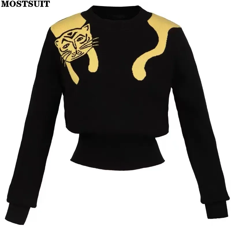 Black Cartoon Jacquard Knit Sweater Pullover Women Long Sleeve O-neck Tops 2024 Winter Stylish Fashion Workwear Jumpers Knitwear