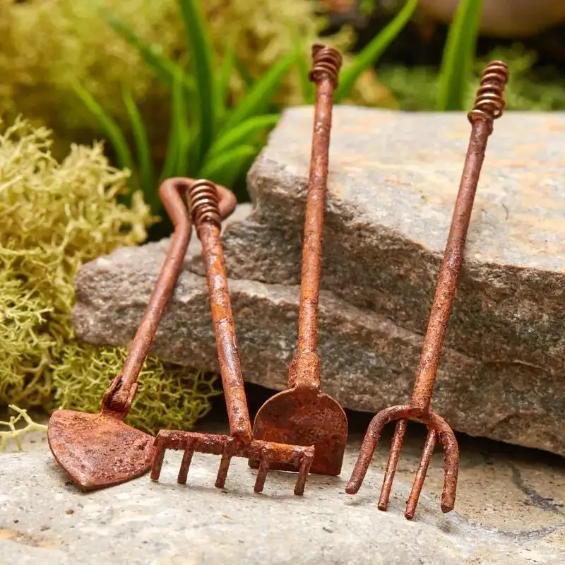 4Pcs Mini Garden Tools Set Copper Style Dollhouse Diorama DIY Craft Decoration Accessories