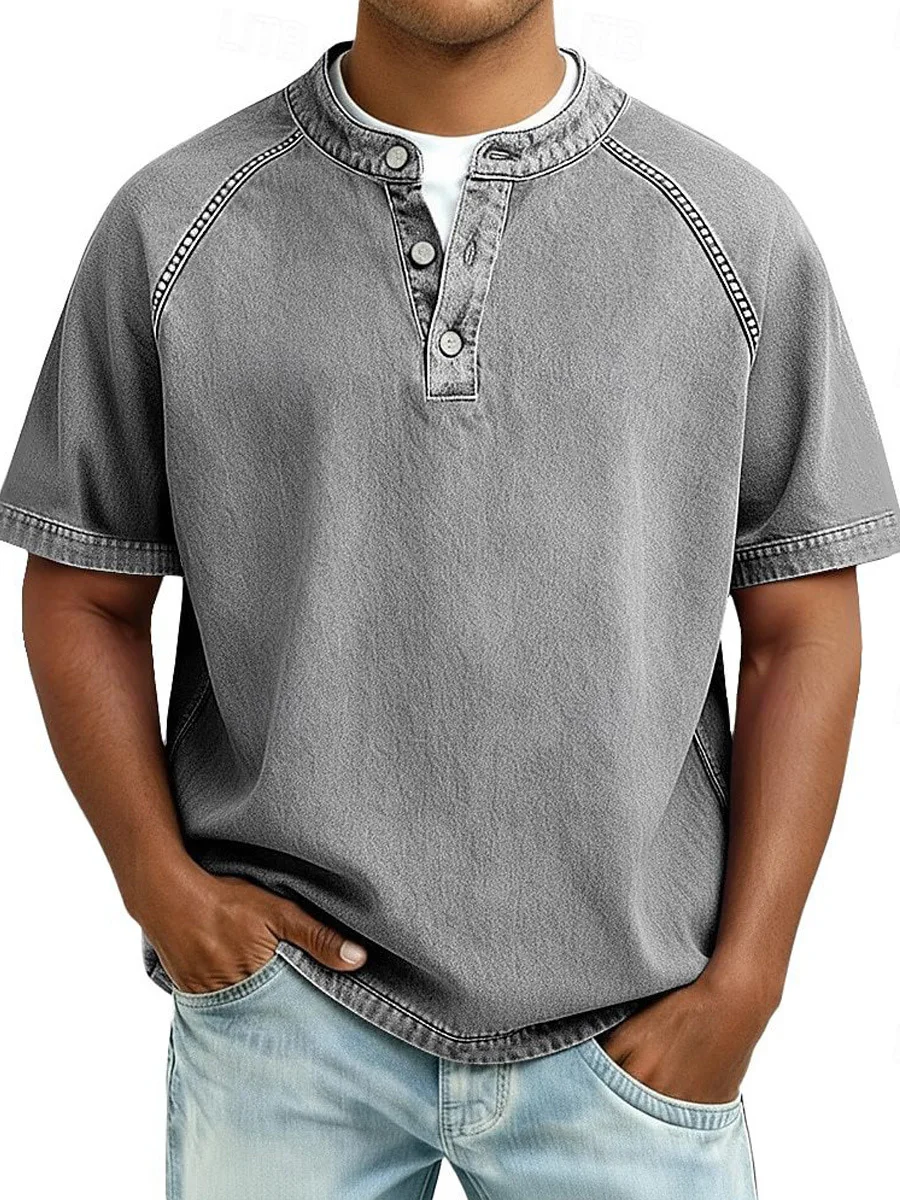2026 New Men T-shirt Vintage Washed Henley Collar Printed Short Sleeve Shirt Summer Loose Casual Tops Comfort Breathable Blouse