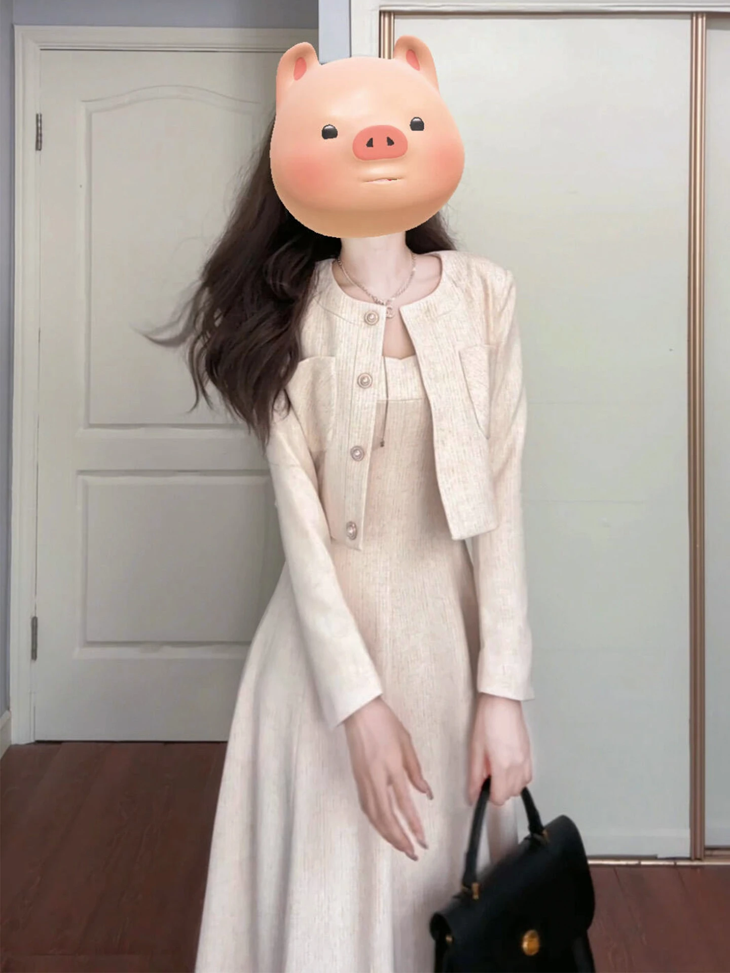 

Pink Dr Set Women's Beautiful Spring New Sle Unique Qianjin Xiaoxiang Wind Soft Polyester Fiber A-Line Skirt Long Sve