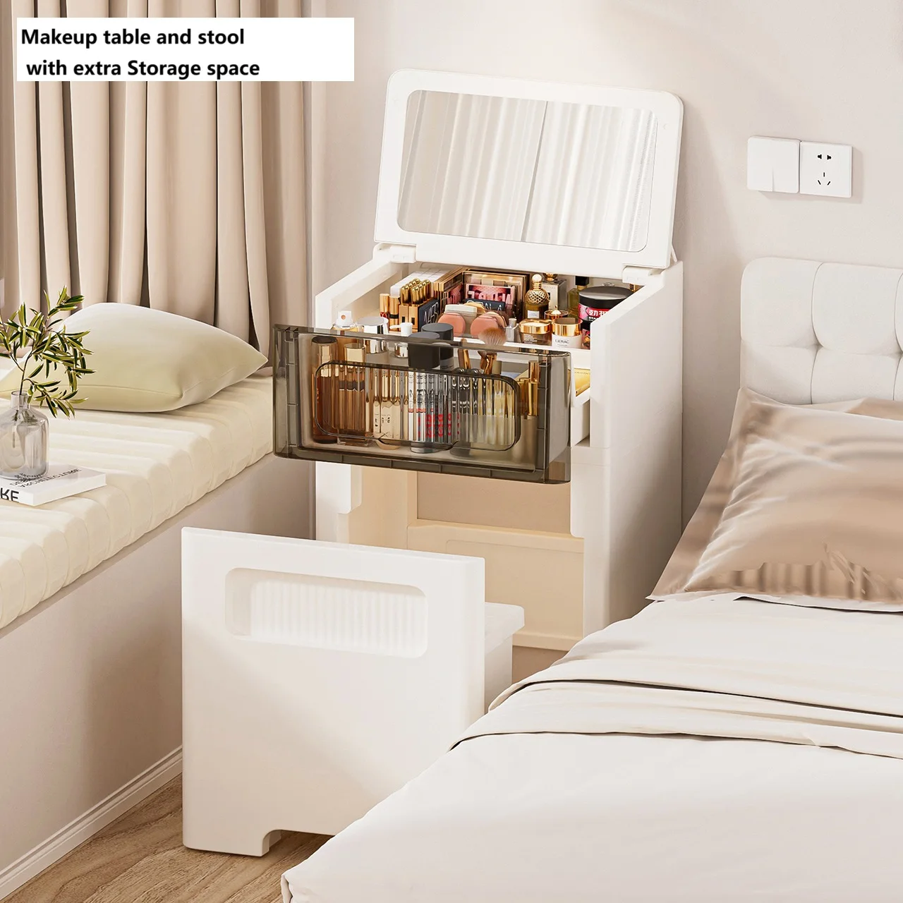 

Fomrwell Туалетный столик с откидной крышкой и зеркалом Туалетный столик с внутренней зоной хранения Туалетный столик для макияжа с табуреткой для хранения макияжа