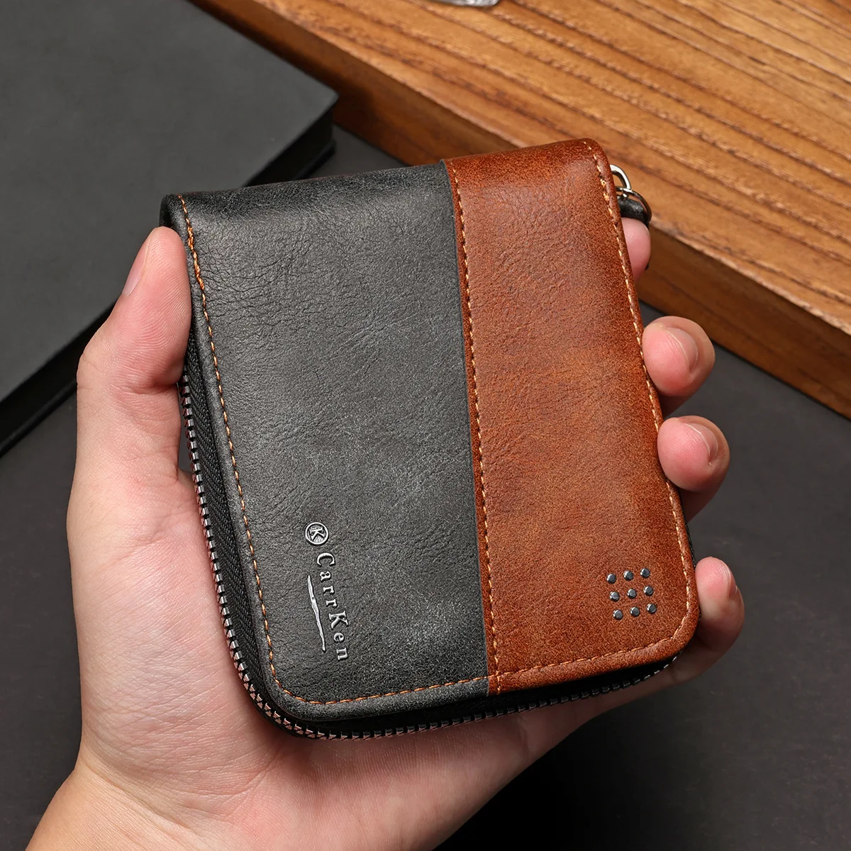 PU leather patchwork color-matched men's short wallet, youth style, simple design, three-fold multi-functional zipperless wallet