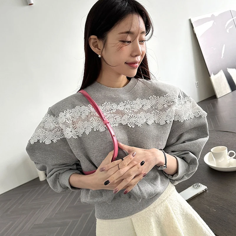 Hit Color Lace Spliced Ropa Mujer Loose Round Neck Hoodies Women 2024 Spring Pullovers Korean Sweatshirts Full Sleeve Hoodie