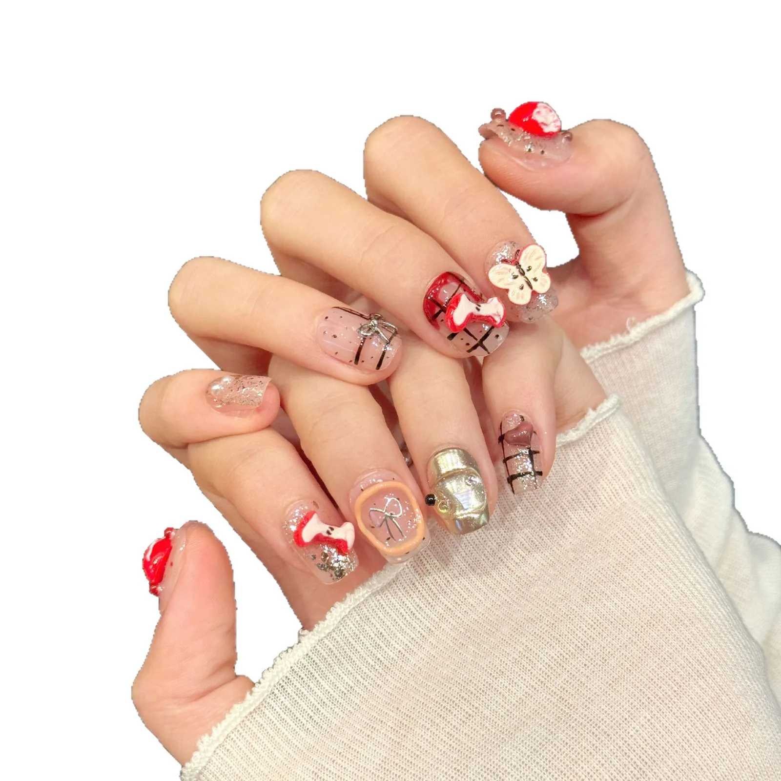 Sztuczne paznokcie 2025 Nowy Butik Ręcznie Rysowany Wzór Kratki [Owoce Ping'an] Tajemnicza Atmosfera Naklejki na Paznokcie Prezent dla Dziewczyny na Halloween