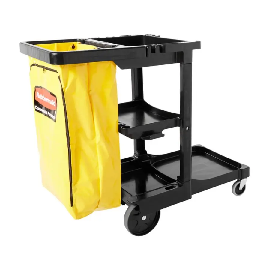 

Commercial Traditional Janitorial 3Shelf Cleaning Cart, Wheeled with Zippered Yellow Vinyl Bag, for Business School Office Janat
