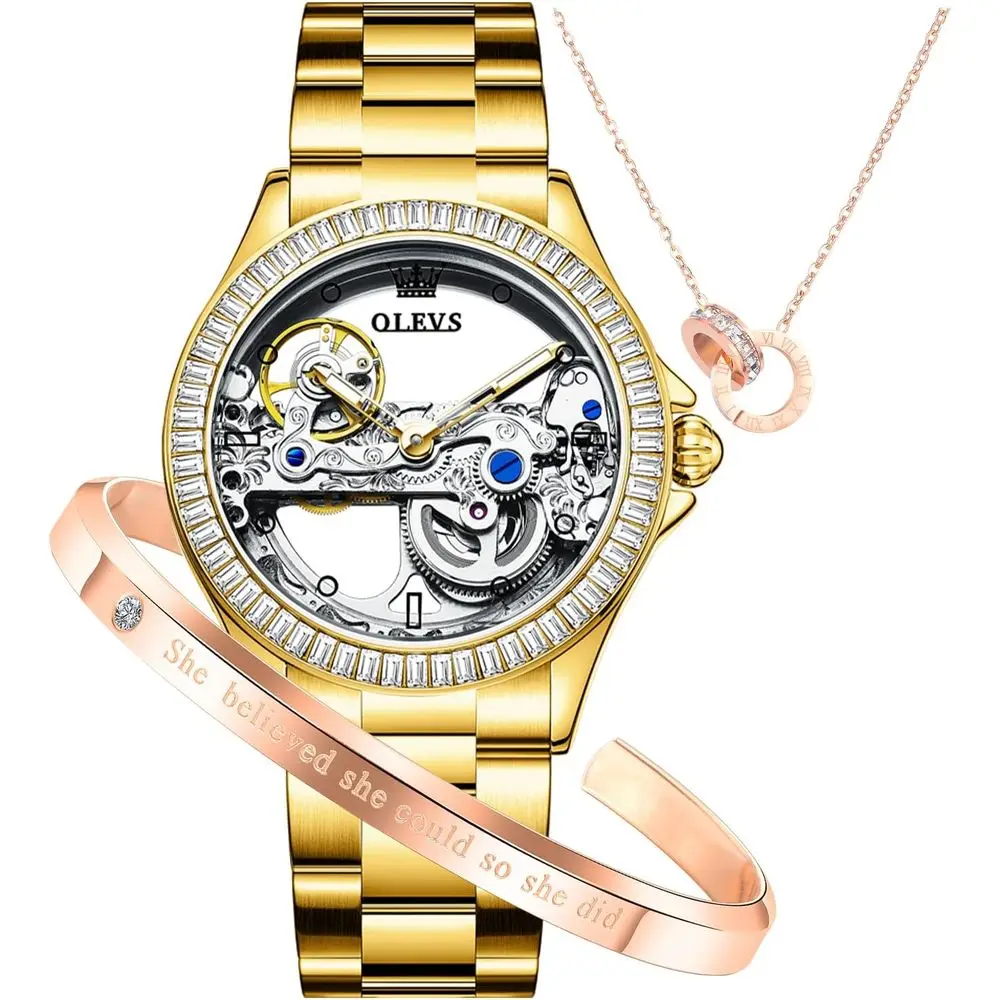 

OLEVS Автоматические женские часы с механическим механизмом, бриллиантами и скелетонизированным циферблатом, роскошные, из нержавеющей стали, серебристые/розовое золото, водонепроницаемые, светящиеся, наручные часы для женщин
