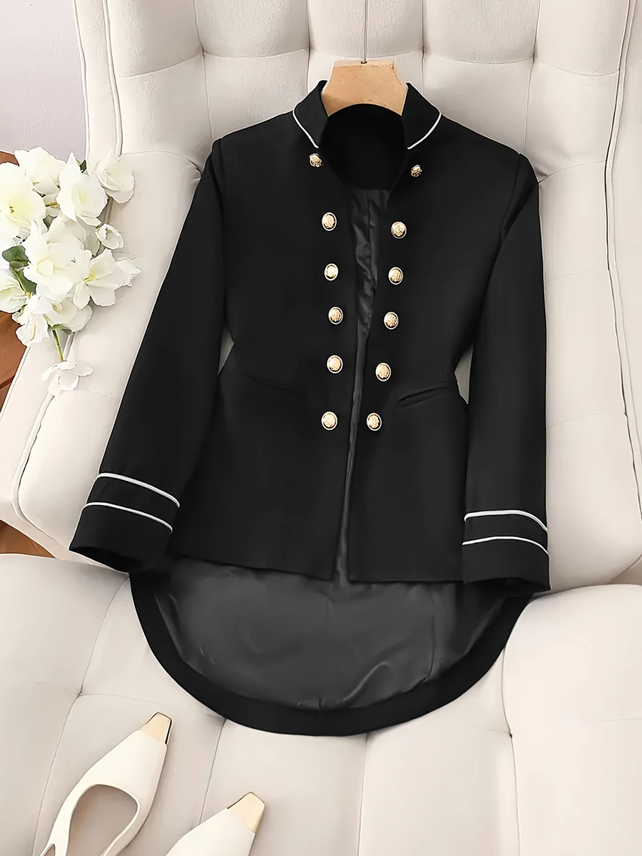 Neuer Bestseller Damen Blazer mit Rüschenkragen, Doppelreihig, Schwarz, Goldknöpfe, Schlanke Passform, Büro-Blazer, Mantel, Jacke 2026 – Detail 5
