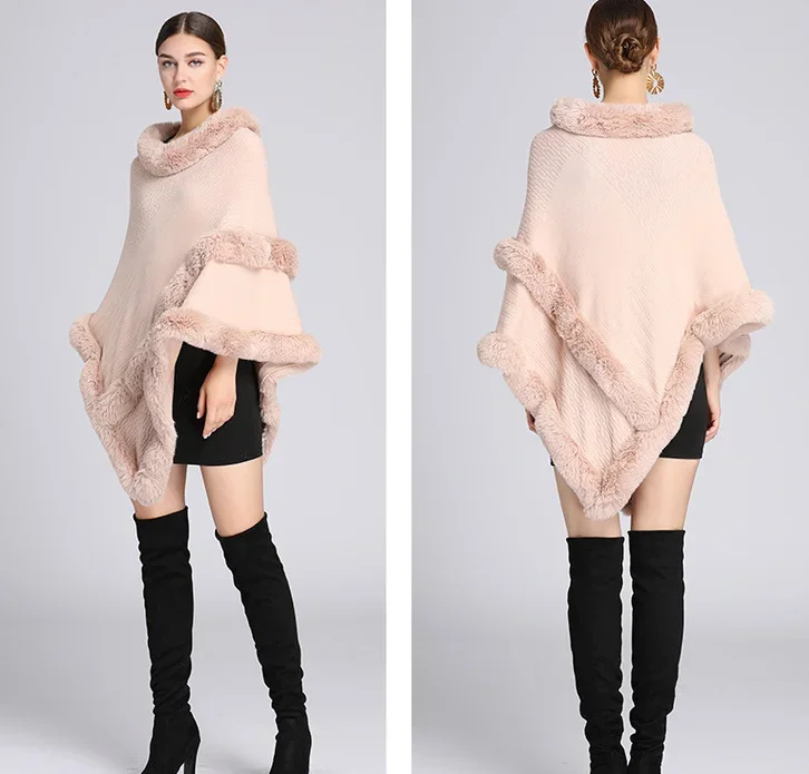 Autumn winter new imitation otter rabbit fur collar Capes Pullover Women Knit Poncho Lady Capes Beige Cloak