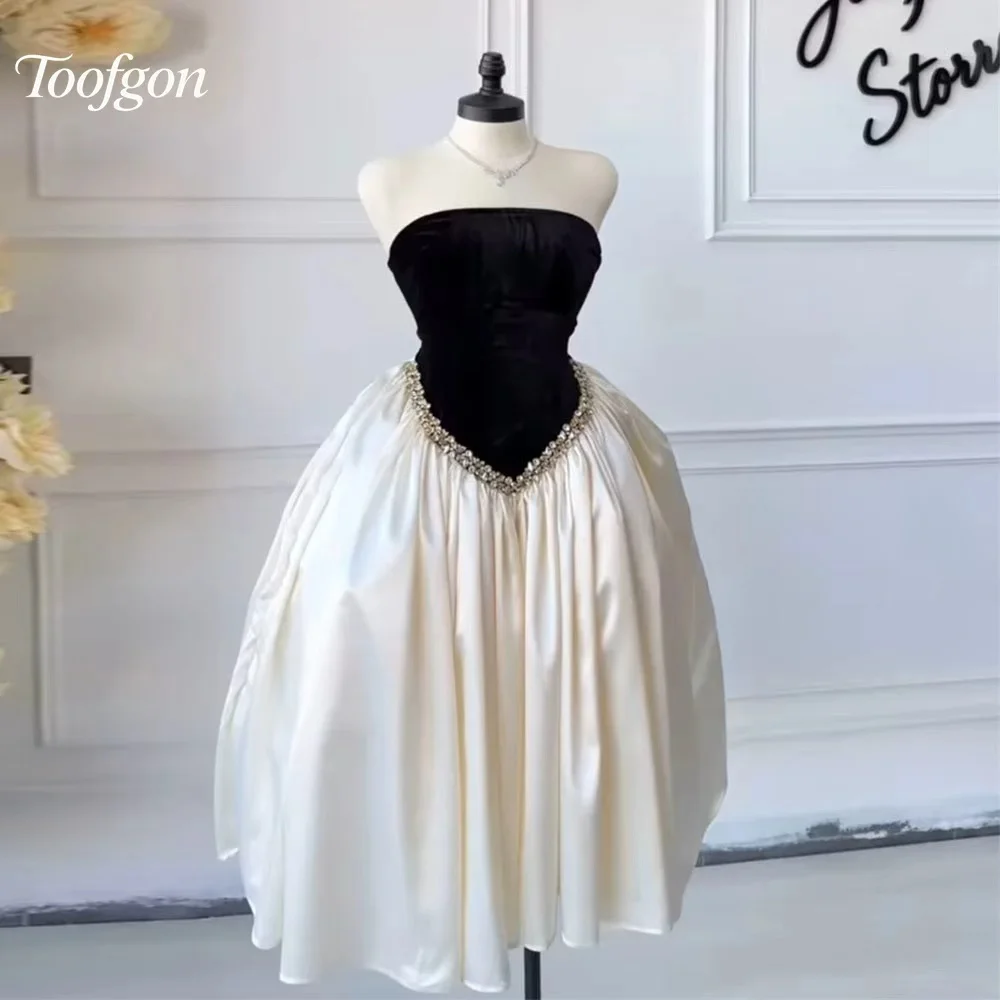 

Toofgon Customized Black White Women's Prom Dresses Beadings A Line Tea Length Formal Occasion Party Special Evening Gowns 2026