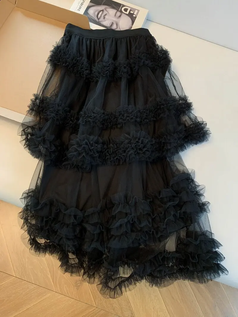 

Puffy Elastic Waist Midi Skirt with Pleats Fairy T f-length Women's Dr Casual Spring Summer Cake Skirt Sweet Sle