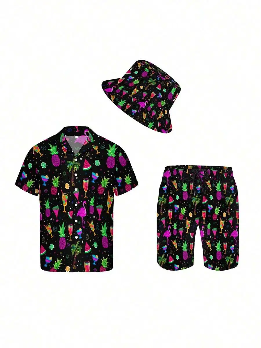 

Mens Hawaiian Shirt And Shorts Set With Bucket Hat Neon Flamingo Pineapple Watermelon Print Casual Beach Vacation Outfit