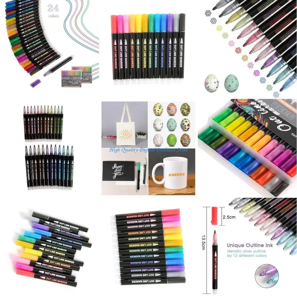 

U2JE Блестящие контурные ручки, маркер с двойной линией, 12/24 цвета, маркеры для раскрашивания