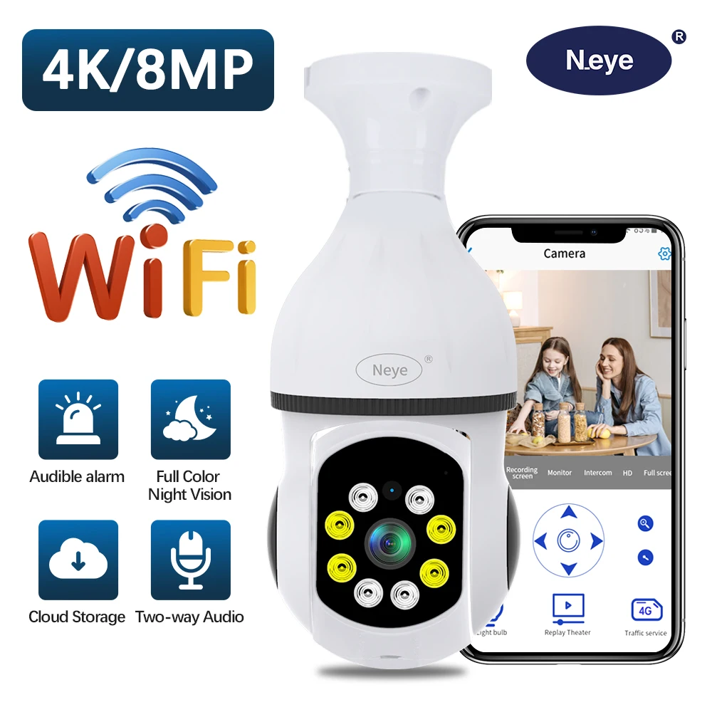 

8MP Home Light Bulb Camera WiFi Wireless Home Surveillance Cameras System 360 Degree PTZ View Lens HD Night Vision Smart Motion