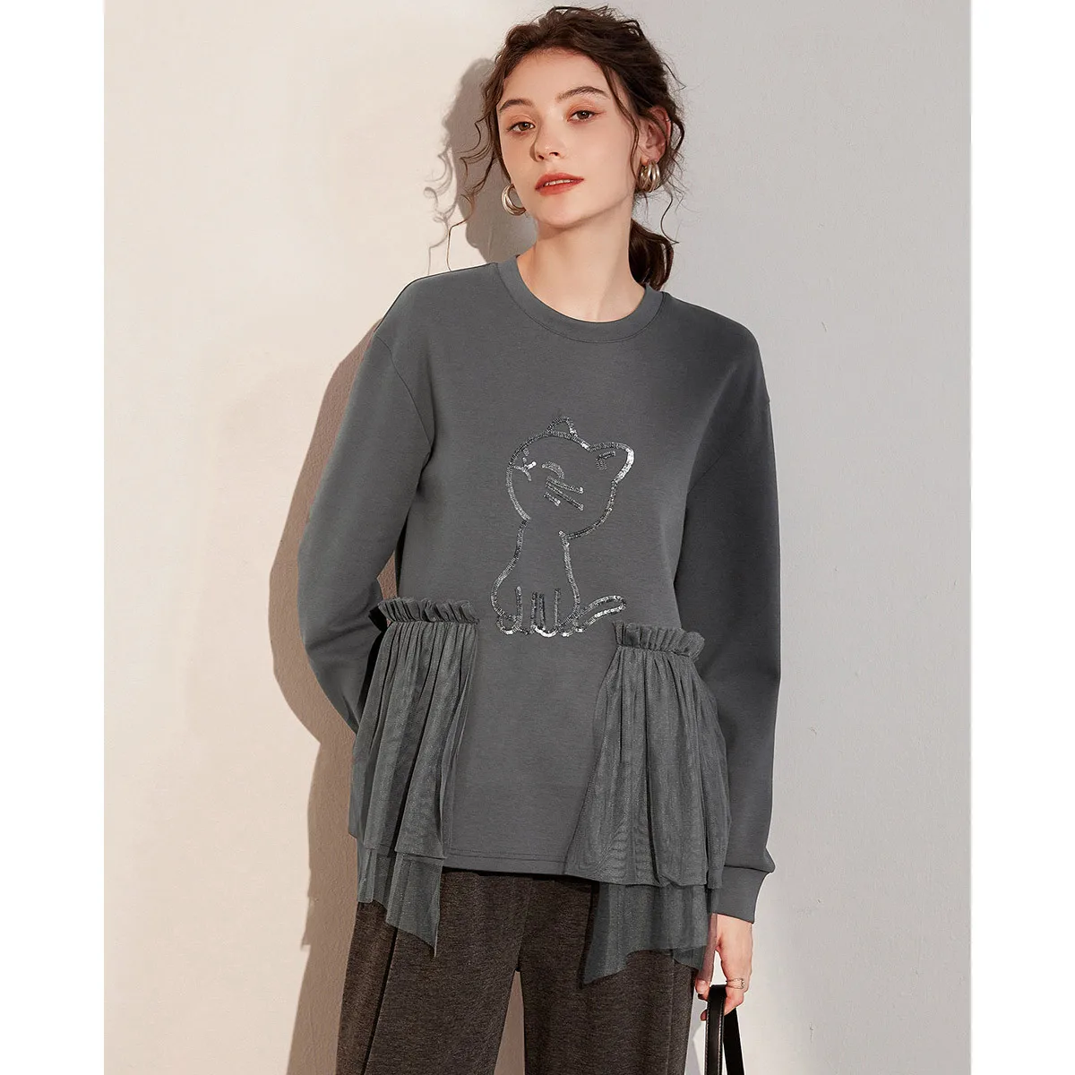 LOUISYAO Embroidered Sequin Splicing Mesh Women's Sweatshirts 2025 Winter Top Round Neck Sleeves Micro Elastic Hoodie