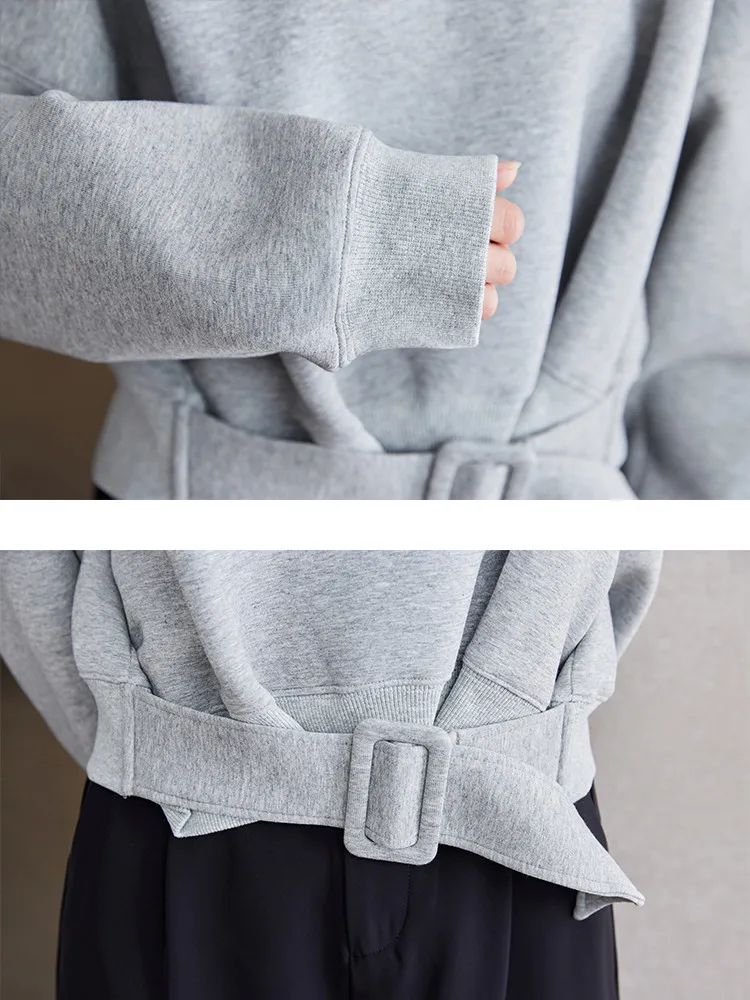 Stylish Grey Sweatshirts Autumn Winter Women Plain Long Sleeve Belt Waist Loose Casual Oversize Pullovers Korean Short Jumper