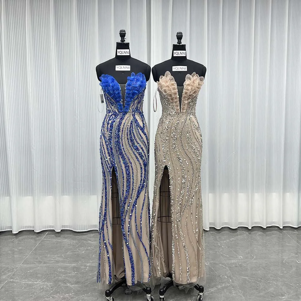 

YQLNNE 040, модное синее платье знаменитостей с разрезом и кристаллами, без бретелек, из тюля, расшитое бисером, русалка, вечернее платье на шнуровке